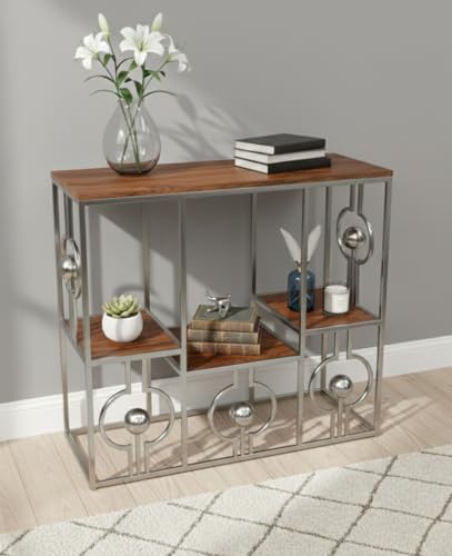 Image of Console Table with Storage, Modern Engineered Wood, Gold Metal Frame with Decorative Spheres, 30x30x7.5 Inch (Gry Brown)