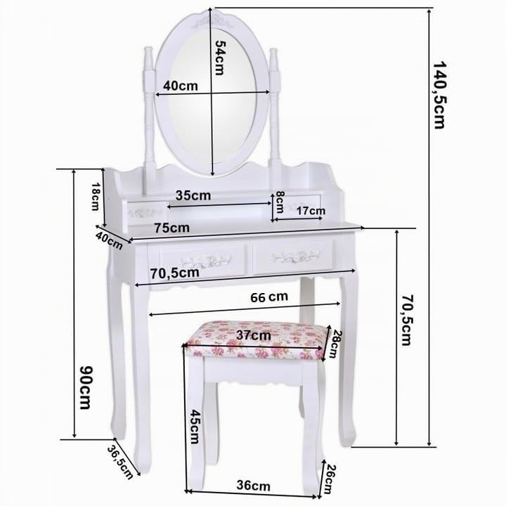 BDW TL01 Toeletta - con specchio, cassetti e sgabello - Tavolino - per camera da letto, cameretta dei ragazzi -Tavolo da trucco - Tavolo da toeletta - Tavolo per cosmetici - Stile vintage - Bianco