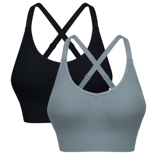 ANGOOL Sport BH Damen Starker Halt Push Up Einstellbarer Schultergurt Sport Bustier Damen Gepolstert Nahtlose Bienenwabe Sports Bras Ohne Bügel Joggen Yoga Fitness, Schwarz+grau, L Cover