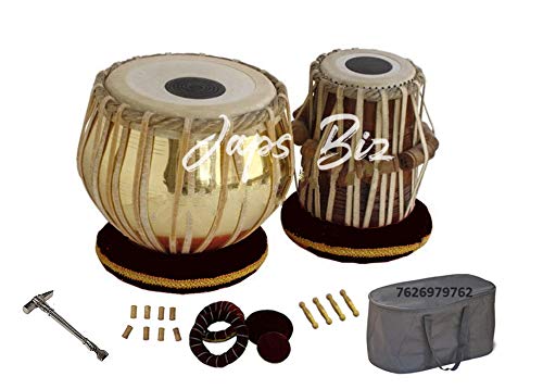 Golden Brass Tabla Drum Set 3 Kg Brass Bayan, Sheesham Wood Tabla, With Free Gaddi Set, Gatta Set For Dayan/Bayan, Bag and Cover