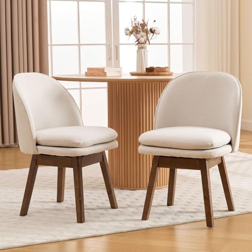 ROCITY Swivel Dining Chairs Set of 2 Beige Linen Kitchen Chairs with Solid Wood Legs Mid Century Modern Upholstered Dining Room Chair Armless Accent Chair for Kitchen/Restaurant