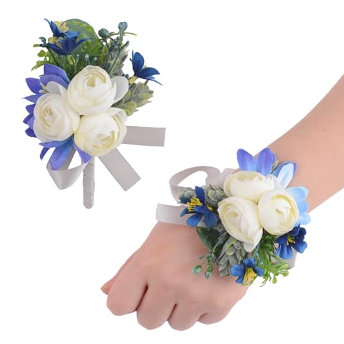 URROMA 2 Stück Handgelenk-Ansteckblume für Hochzeit, Handgelenk, Ansteckblume und Knopflochblume für Hochzeit, Brautjungfer, Party, Abschlussball, Dekorationen, Weiß und Blau
