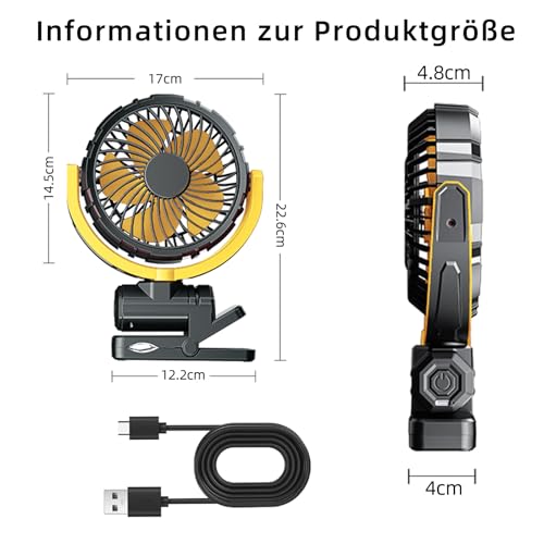 NIFBANG Auto Clip Ventilator mit Akku,USB C Aufladbar Leise Fan Portable Klein Klemmventilator,360° Verstellbar 3 Stufen Stark Autositz Lüfter für Car, SUV, PKW, LKW, Wohnmobil, Pickup, Van(Gelb)