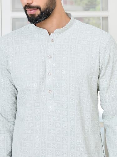 Image of See Designs Men's Full Sleeve Mandarin Collar Geometric Sequins Embroidered Thread Work Straight Long Kurta - Festive Collection