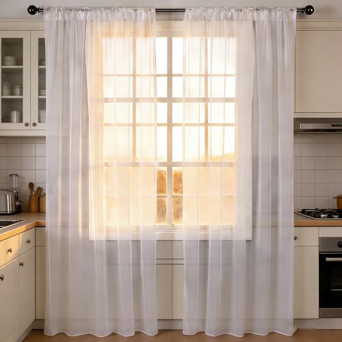 Cortinas transparentes 85x210 cm con cinta fruncidora efecto lino blanco 2