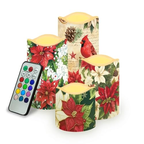 Image of Poinsettia Plastic Flameless Candles with Remote Christmas LED Flickering Battery Operated Color Changing Electric Pillar Candles Christmas Decorations