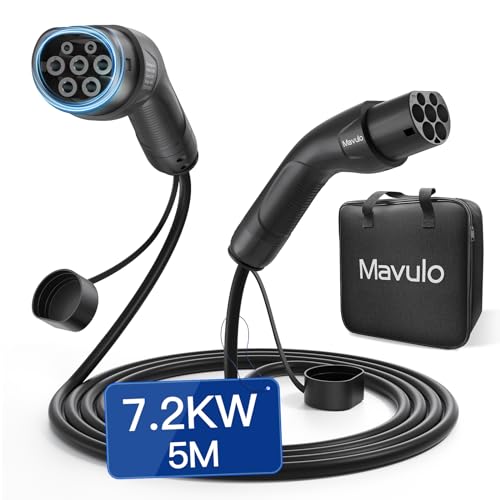 mavulo câble de recharge voiture Électrique ev/phev, type 2 de type 2 | 7.2kw | 32a | 5mètres | monophasée, câble t2 pour zoe,e 208,id3, id4, id5, e tense, etc sac de transport