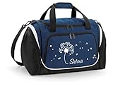 Mein Zwergenland Sporttasche Kinder personalisierbar mit Schuhfach, Kindersporttasche 39L mit Name und Pusteblume Bedruckt in French Navy Blau