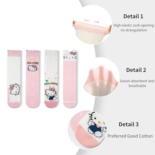 4 Pairs Knee High Socks for Girls, Cute Cartoon Compression Sock, Comfy Breathable Long Cotton Stocking3