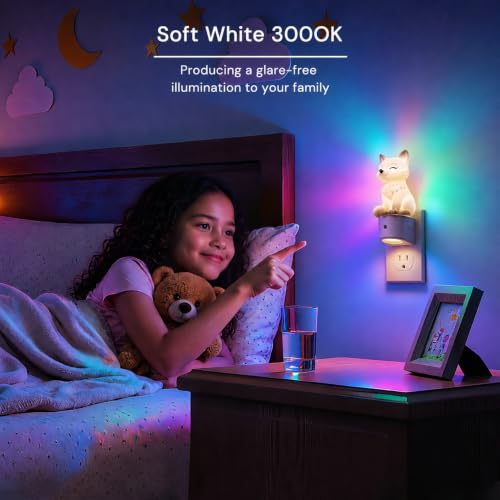 Image of L LOHAS LED Night Light for Kids,Kids Night Light,Dusk to Dawn Sensor | 3D Cute White Fox Night Lights,RGB+Soft White 3000K,Birthday Gift Nightlight for Kids, Room Decor 2 Pack