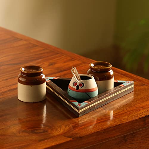 Image of ExclusiveLane 'Desert Owl-Jar Pack' Handglazed Ceramic Salt & Pepper Shakers Set with Terracotta Toothpick Holder & Wooden Tray - Salt Pepper Set for Dining Table Fancy Salt Containers for Kitchen