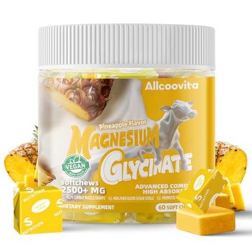 Image of Magnesium Glycinate Soft Chews, Pineapple Flavor.Chewable Sugar Free Potassium Magnesium Chews with Magnesium Glycinate, Vitamin D, B6, and CoQ10 for Calm Support & Sleep for Adults, 60 Days Supply
