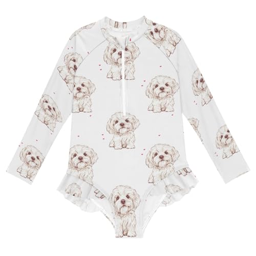 ALAZA Swimsuit for Girls Long Sleeve Rashguard Bathing Suit Puppy Dog White Quick Dry 4T