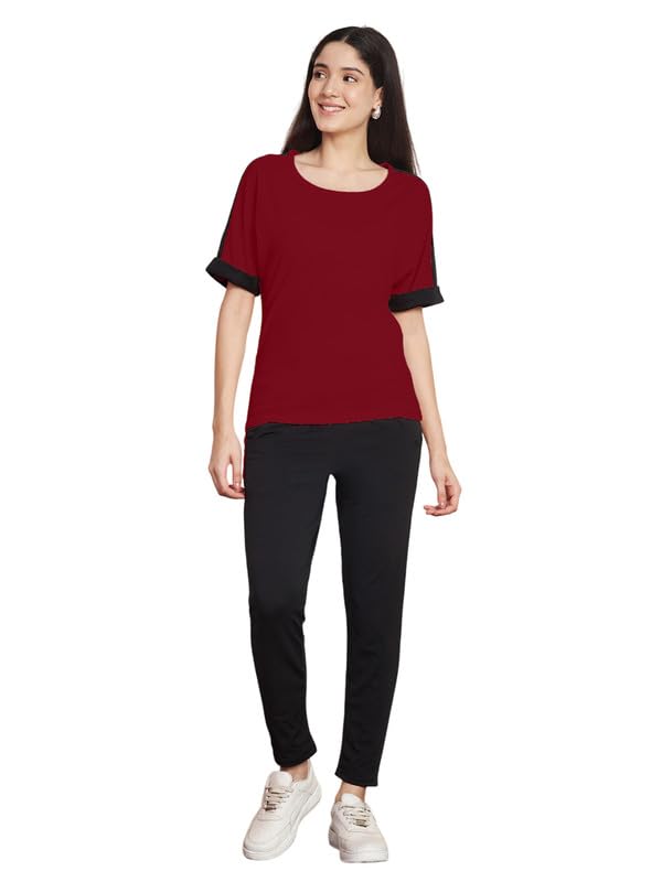 Image of DTR FASHION Polyester Blend Black Color Shoulder Stripes Tracksuit | Night Wear Suit For Women