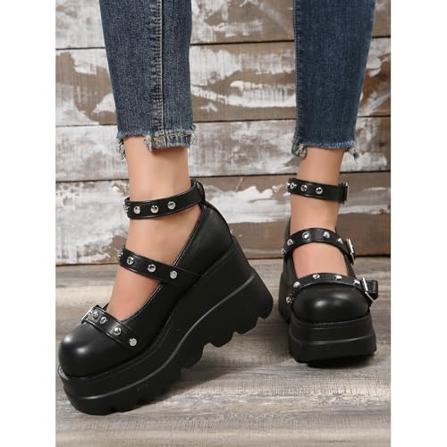 Women's Gothic Platform Mary Jane Pumps Adjustable Studded Ankle Strap Round Toe Wedge Lolita Shoes Uniform Party Dress Shoes3