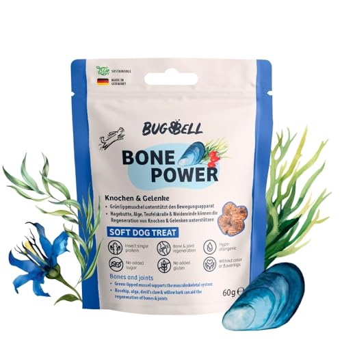 BugBell Getreidefreier Hundesnack für Knochen & Gelenke 60g, bei Arthrose, Patellaluxation, mit Grünlippmuschel & Spirulina & Weidenrinde & Teufelskralle