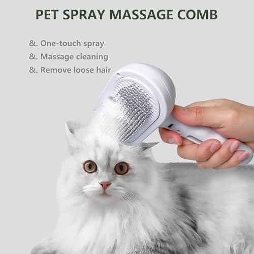 Image of Pet Brush Hair Removal Steam，Steam Pet Spray Hair Removal Comb for Dogs with Anti-Lost Pendant，3 in 1 Self Cleaning Misting Cat Brush for Shedding for Long Short Haired, White