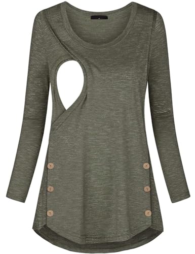 Plus Size Maternity Clothes, Quinee Latched Mama Long Sleeve Nursing Shirts for Breastfeeding Cute Button Detail Womens Casual Pregnancy Tunic Fall Postpartum Tops Olive Green L