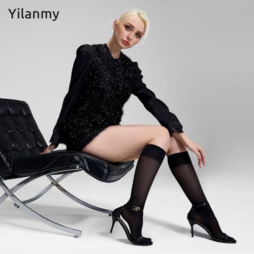 Image of Yilanmy Sheer Knee High Compression Socks for Women-Ideal for Daily Wear | 3 Pairs,8-10 mmHg,Wide Calf,40D Graduated Compression Stockings for Nurse,Support Work Office Travel,Nude Black