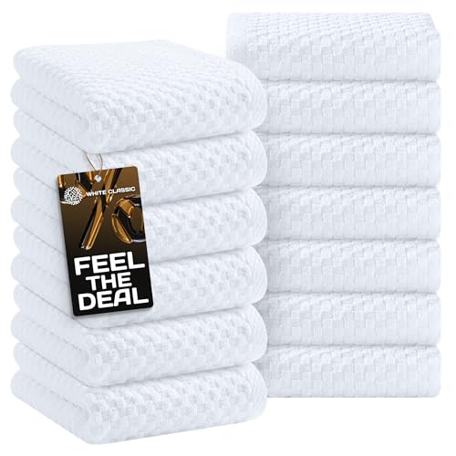 Wealuxe Super Absorbent Kitchen Towels 12 Pack - Premium 100% Cotton Kitchen Towels, 450GSM Thick Machine Washable White Dish Towels for Kitchen Drying, Cleaning, Dobby Weave, Unmatched Quality