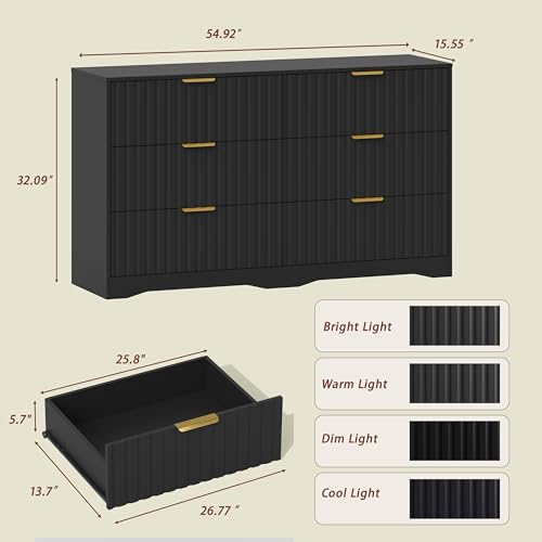 Image of Fluted 6 Drawer Dresser for Bedroom, 55 inch Wide Modern Wooden Chest of Drawers with Metal Handles, TV Stand & Closet Storage Organizer for Living Room,Hallway, Black