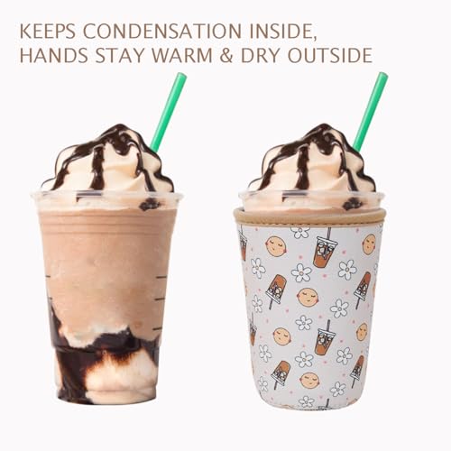 Image of Reusable Insulated Neoprene Iced Coffee Cup Sleeve, Durable Drink Sleeve for Cold Beverages, Beverage Holder for Iced Coffee, Beige Coffee
