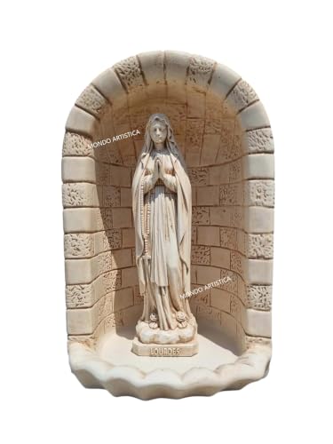 Grotta Di Lourdes Con Statua Della Madonna, Cappella Votiva Effetto Pietra, Decorazione Sacra In cemento e Polvere Marmo Per Esterno Da giardino, Resistente alle intemperie, Antigelo H 65 Cm