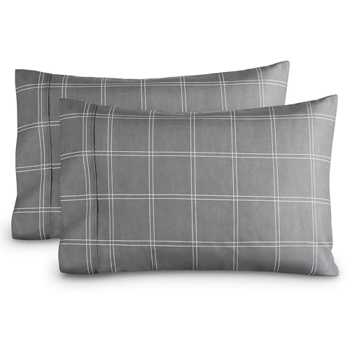 Image of Bare Home Microfiber Pillow Cases - King Size Set of 2 - Cooling Pillowcases - Double Brushed - Pillowcases 2 Pack - Easy Care (King, Modern Plaid - Grey /White)