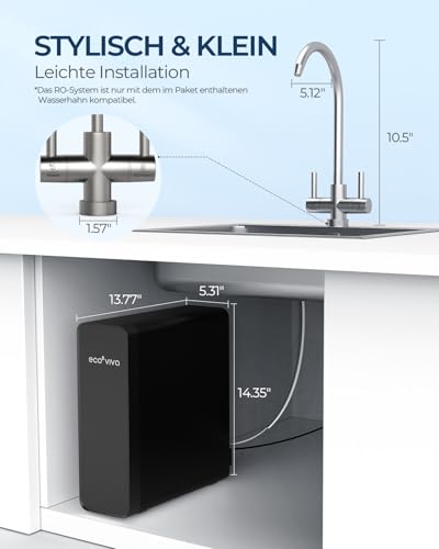 Ecoviva Umkehrosmose-Wasserfiltersystem, 600GPD Umkehrosmoseanlage Trinkwasser, 8-Stufen-Filtration osmoseanlage, 2,5:1 Rein zu Abfluss Verhältnis, RO & Gefiltertes Wasser Optionen Schwarz