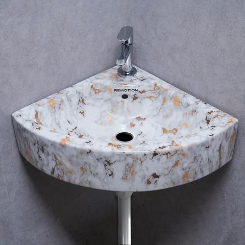 Image of REMOTION Ceramic Wall Hung Corner Wash Basin for Bathroom | Wall Mounted Corner Sink (20.4 x 15 x 6 Inch) (White Gold Spot)