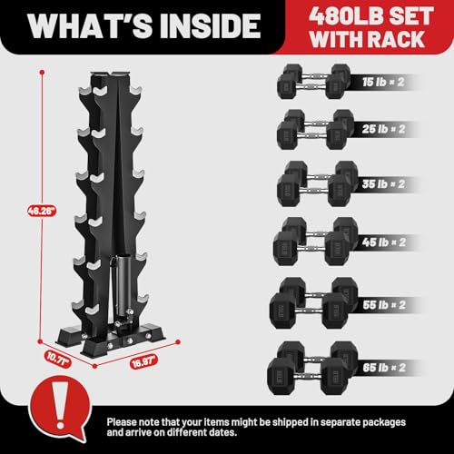 Image of PAPABABE Hex Dumbbell Sets with Rack, 100-600lb Rubber Coated Dumbbell Weight Set and Storage Rack, Multiple Options Hand Weights for Strength Training