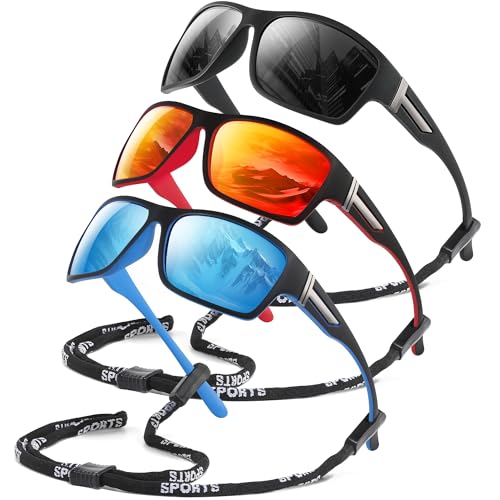 DEMIKOS Polarized Running Sunglasses for Men：Cycling Sun Glasses for Mens Womens Sports Sunglasses for Fishing Driving Wrap Around UV400 Protection Blue+Black+Red