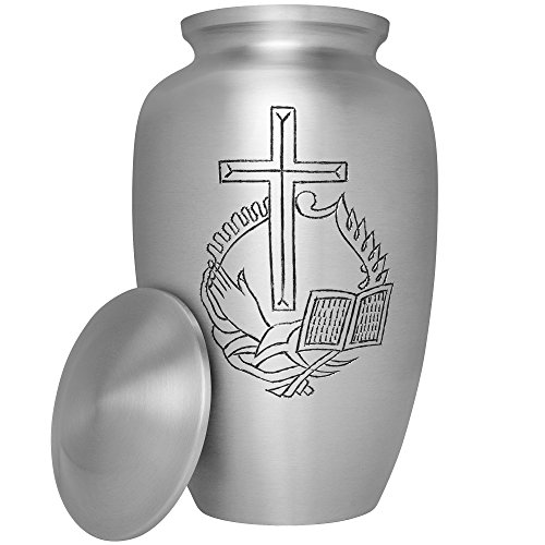 Silver Cross Funeral Urn - Cremation Urn for Human Ashes - Hand Made in Aluminum - Suitable for Cemetery Burial or Niche - Large Size fits remains of Adults up to 200 lbs - Peaceful Rest