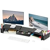 Spacrea Metal Desk Organizers and Accessories, Dual Monitor Stand Riser with Drawer and 2 Pen Holders, Desk Accessories & Workspace Desktop Organizers for Office Supplies (Black)