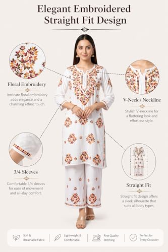 Image of Floral Embroidered Women Kurta Pant Set Straight Fit Cotton Blend Kurti with Palazzo Bottom Ethnic Wear for Office, Festive, Casual and Everyday Comfort