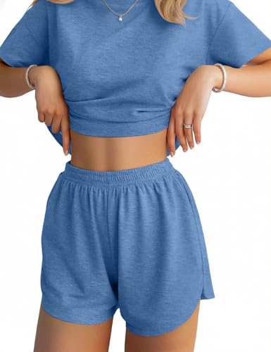 Image of JUSTFASHIONNOW Womens Pajama Sets Shorts Striped Print Two Piece Lounge Sets Crew Neck Sleepwear Split Shorts Set Soft Pjs
