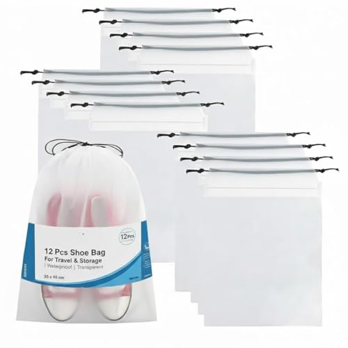 AMERTEER 12 Pcs Shoe Bag For Travel | Transparent Shoe Organizers Pouch | Clear Waterproof Drawstring Shoe Bags Shoe Packing Bags 35x45cm Non-Woven Large Travel Shoe Bag For Men Women