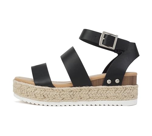 Image of Soda Bryce Espadrille Wedge Sandal with Open Toe Buckle and Ankle Strap
