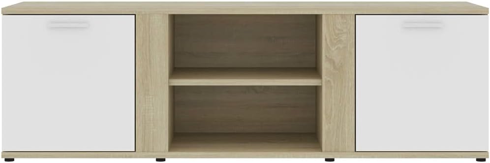 vidaXL Engineered Wood TV Stand - White and Sonoma Oak - Stylish Storage Solution with 2 Doors and 2 Compartments - Easy Assembly