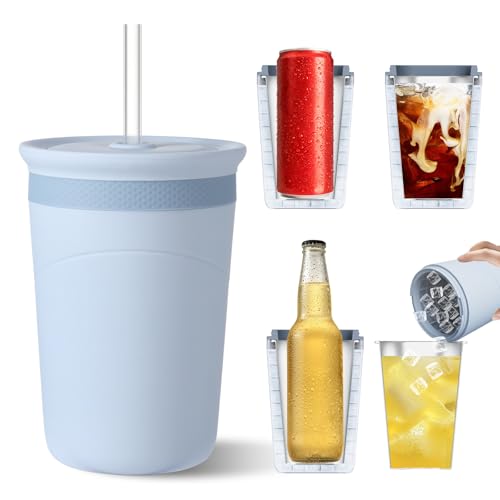 HOMDSG Silicone Ice Cube Cylinder, Mini Ice Tray Mold Cup with Lid & Straw for Coffee Juice Tea, Stainless Steel Liner Dishwasher Safe, 16 Oz Blue