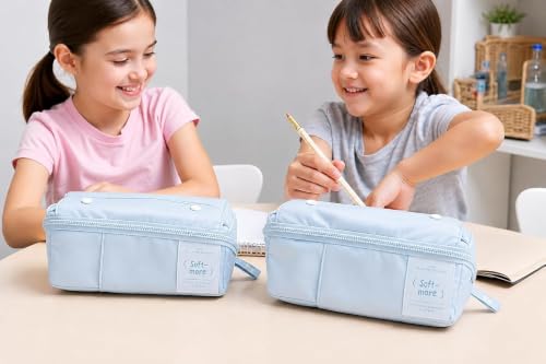 Image of Invite Multi-Functional Soft Pencil Case for Girls | Large Capacity Zipper Pouch with Multiple Compartments | Aesthetic Stationery Organizer for School, College & Office (Soft More Blue)