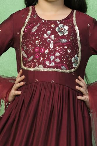 Image of Fashion Dream Girls Chanderi Embroidered Maxi Dress with Dupatta|Ethnic Gown for Kids