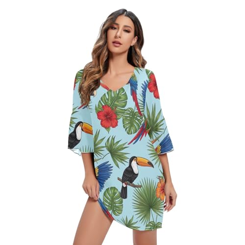 Robe décontractée à manches 3/4 avec motif oiseaux de la jungle tropicale et col en V fluide