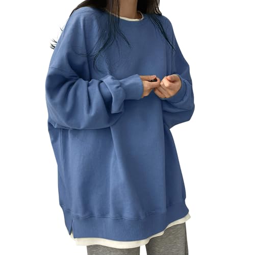 [AOY] トレーナー レディース 長袖 トップス 【オーバーサイズ×着瘦せ・重ね着風】 体型カバー 大きいサイズ ゆったり レイヤード スリット 綿 着回し カジュアル ビッグシルエット 無地 おしゃれ シンプル 長め ロングtシャツ スウェット (L,ブルー)