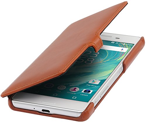 STILGUT Book Type Hülle mit Clip, Hülle Leder-Tasche für Sony Xperia X Performance. Seitlich klappbares Flip-Hülle aus Echtleder, Cognac