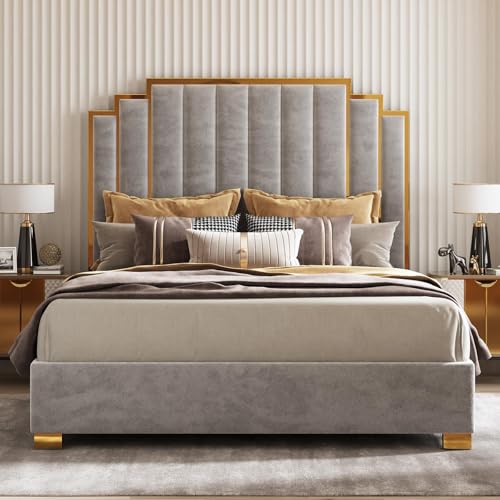 Image of AMERLIFE California King Size Upholstered Bed, Modern Velvet Bed Frame with 65.4 inch Tall Gold Trim Headboard, No Box Spring Needed, Grey