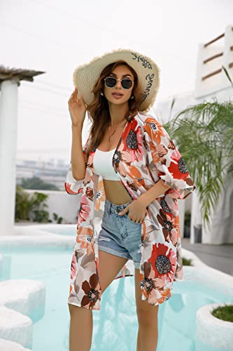 Kimono Cardigans For Women Floral Print 3/4 Sleeve Loose Cover Up Casual Blouse Tops (Sandy Apricot,L) #TOP2