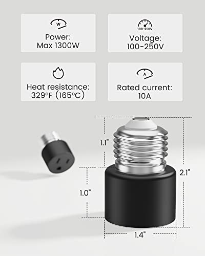 2-Pack E26/E27 3 Prong Light Bulb Socket Adapter, Jackyled Light Socket To Plug Adapter, 3 Prong Light Bulb Adapter Socket Converter, Light Socket Outlet For Garage, Porch, Patio, House (Black) #TOP3