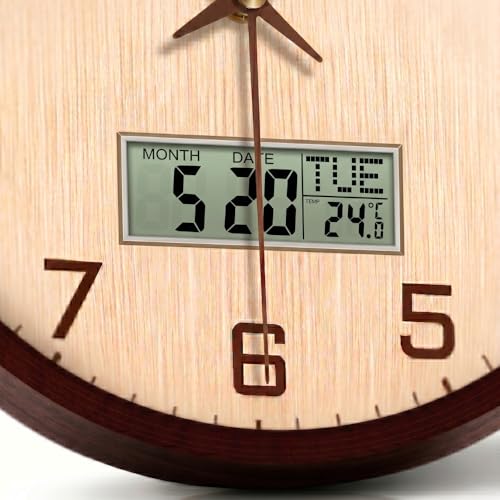 Image of STAR WORK Silent Non-Ticking Wall Clock 12 inch Inch Analog Clock & LCD Display | Calendar Date, Day, Temperature, Operated Decorative Clock for Living Room, Kitchen, Bedroom,Office (Cream Brown Digital)
