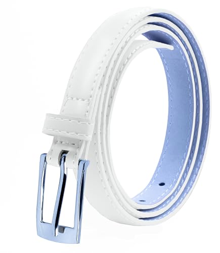 Belle Donne White Belt Women, Skinny Dress Belts, Silver Polished Buckle, For Womens Clothes and Fine Dresses, Classy Style, X Large, White
